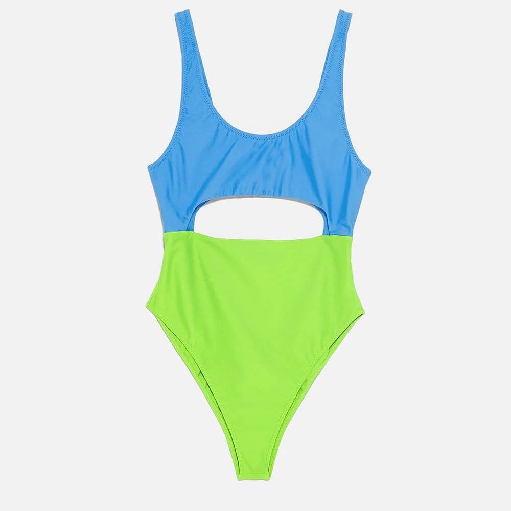 PRE-OWNED - Zara Neon Green Blue Colorblock Cut Out One Piece Swimsuit - Small